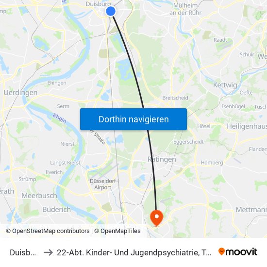 Duisburg Hbf to 22-Abt. Kinder- Und Jugendpsychiatrie, Tagesklinik Institutsambulanz map