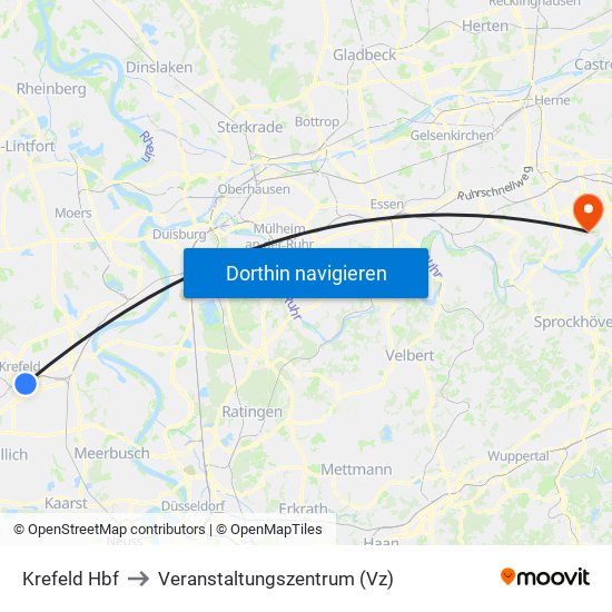 Krefeld Hbf to Veranstaltungszentrum (Vz) map