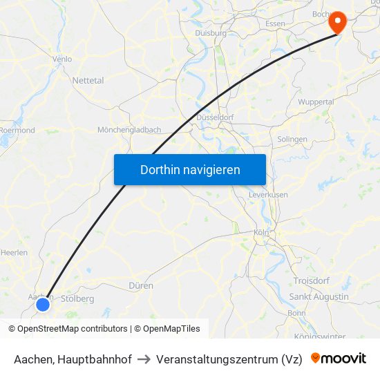 Aachen, Hauptbahnhof to Veranstaltungszentrum (Vz) map