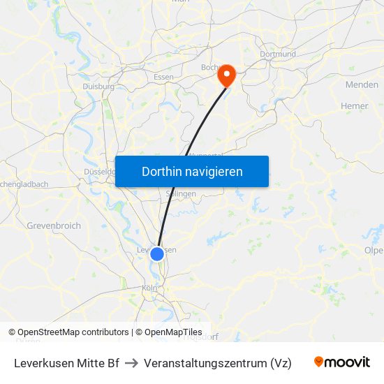 Leverkusen Mitte Bf to Veranstaltungszentrum (Vz) map