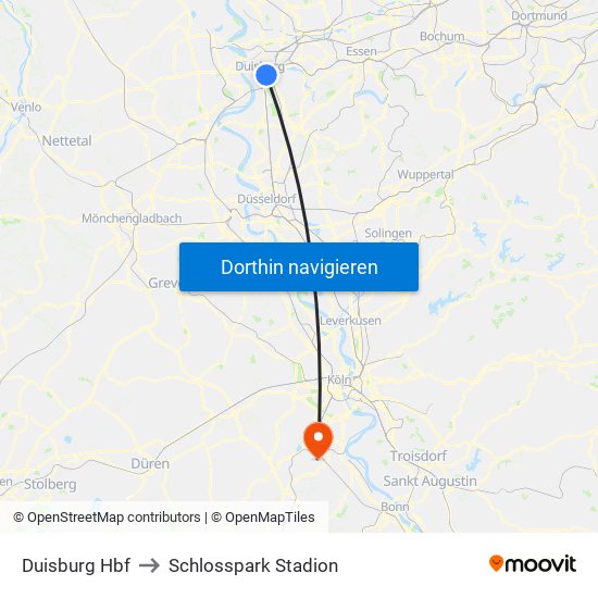 Duisburg Hbf to Schlosspark Stadion map