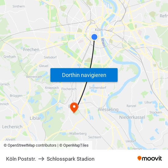 Köln Poststr. to Schlosspark Stadion map