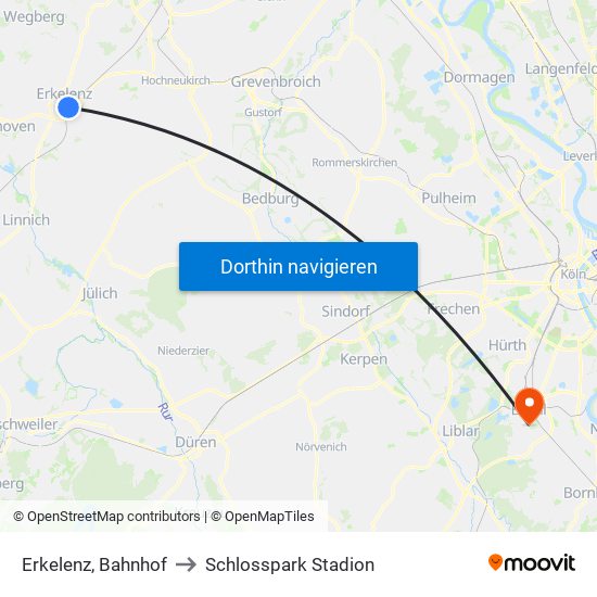 Erkelenz, Bahnhof to Schlosspark Stadion map