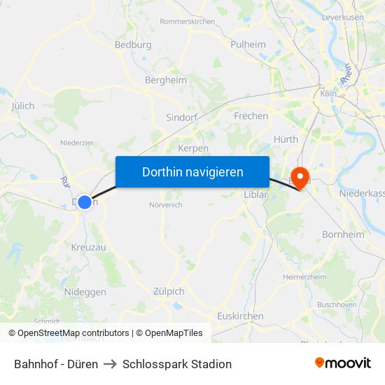 Bahnhof - Düren to Schlosspark Stadion map