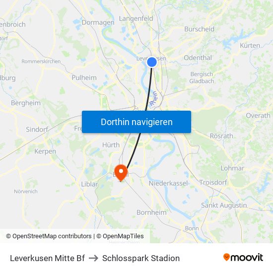 Leverkusen Mitte Bf to Schlosspark Stadion map