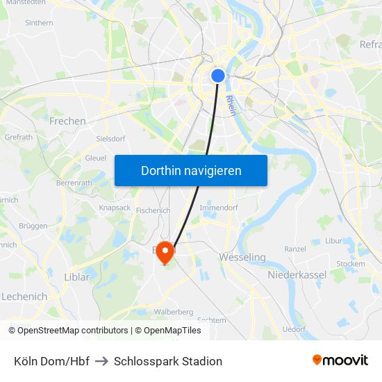 Köln Dom/Hbf to Schlosspark Stadion map