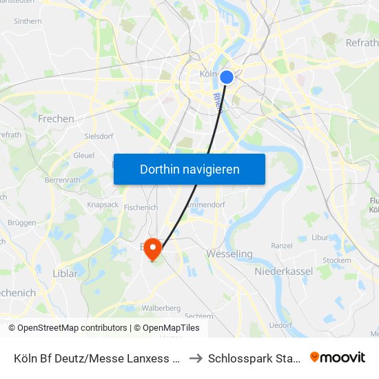 Köln Bf Deutz/Messe Lanxess Arena to Schlosspark Stadion map