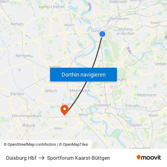 Duisburg Hbf to Sportforum Kaarst-Büttgen map