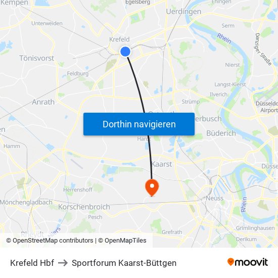 Krefeld Hbf to Sportforum Kaarst-Büttgen map