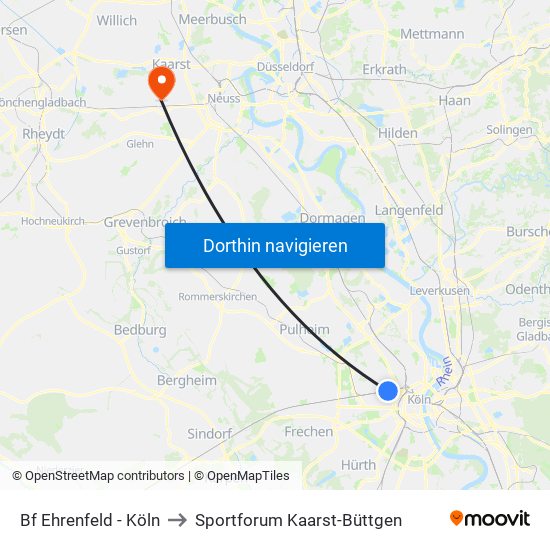 Bf Ehrenfeld - Köln to Sportforum Kaarst-Büttgen map