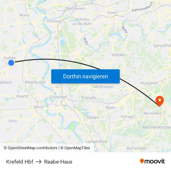 Krefeld Hbf to Raabe-Haus map