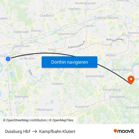 Duisburg Hbf to Kampfbahn Klutert map