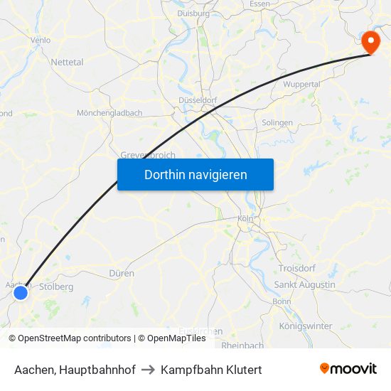 Aachen, Hauptbahnhof to Kampfbahn Klutert map