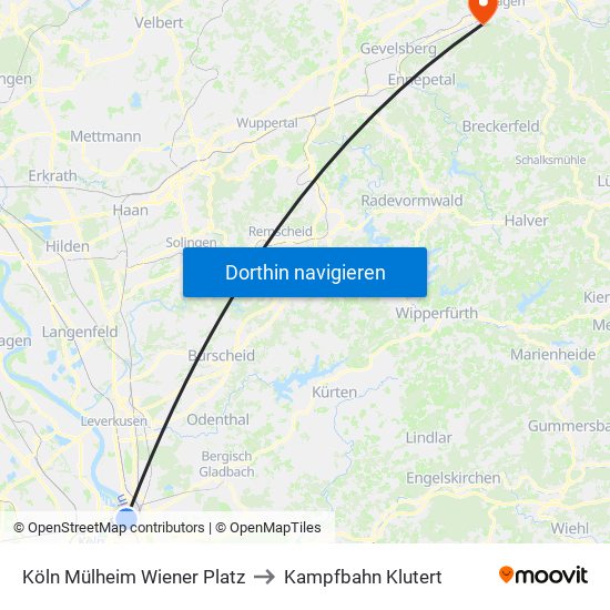 Köln Mülheim Wiener Platz to Kampfbahn Klutert map