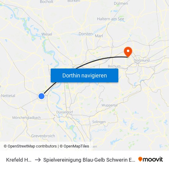 Krefeld Hbf to Spielvereinigung Blau-Gelb Schwerin E.V. map