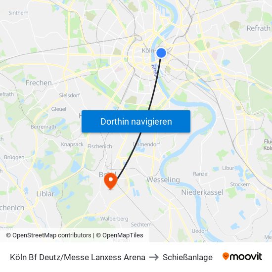 Köln Bf Deutz/Messe Lanxess Arena to Schießanlage map