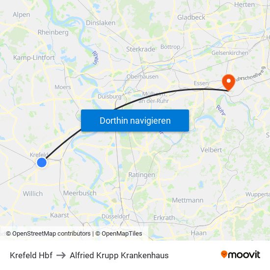 Krefeld Hbf to Alfried Krupp Krankenhaus map