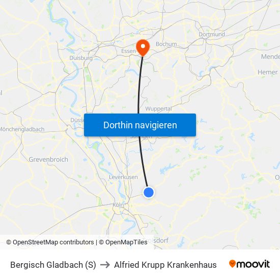 Bergisch Gladbach (S) to Alfried Krupp Krankenhaus map