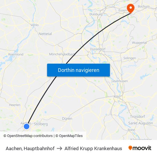 Aachen, Hauptbahnhof to Alfried Krupp Krankenhaus map