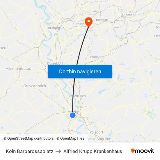 Köln Barbarossaplatz to Alfried Krupp Krankenhaus map