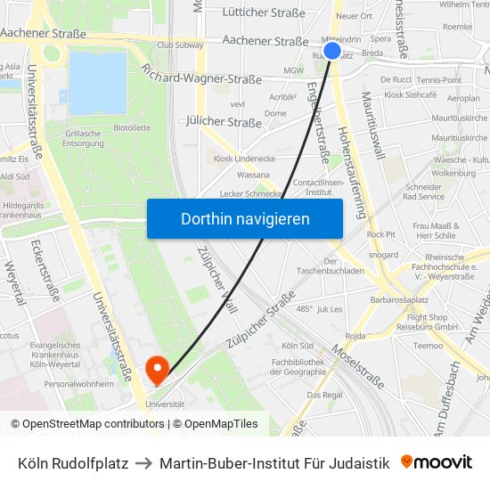 Köln Rudolfplatz to Martin-Buber-Institut Für Judaistik map