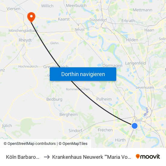 Köln Barbarossaplatz to Krankenhaus Neuwerk ""Maria Von den Aposteln"" map