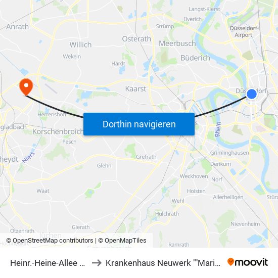 Heinr.-Heine-Allee U - Düsseldorf to Krankenhaus Neuwerk ""Maria Von den Aposteln"" map