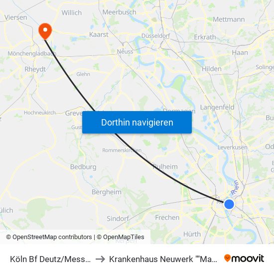 Köln Bf Deutz/Messe Lanxess Arena to Krankenhaus Neuwerk ""Maria Von den Aposteln"" map