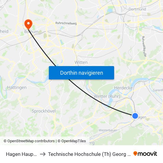 Hagen Hauptbahnhof to Technische Hochschule (Th) Georg Agricola Zu Bochum map