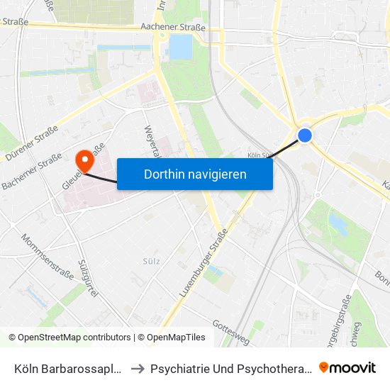 Köln Barbarossaplatz to Psychiatrie Und Psychotherapie map