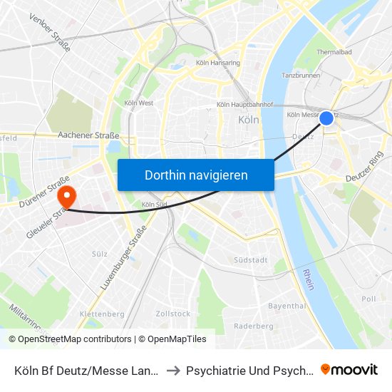 Köln Bf Deutz/Messe Lanxess Arena to Psychiatrie Und Psychotherapie map