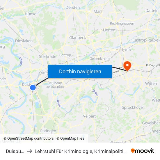 Duisburg Hbf to Lehrstuhl Für Kriminologie, Kriminalpolitik Und Polizeiwissenschaft map