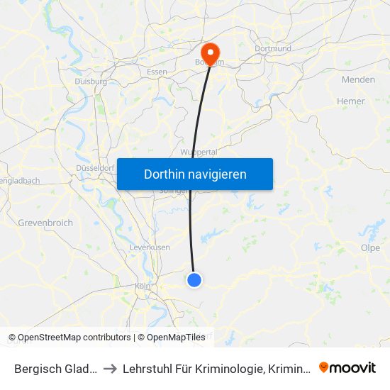 Bergisch Gladbach Bensberg to Lehrstuhl Für Kriminologie, Kriminalpolitik Und Polizeiwissenschaft map