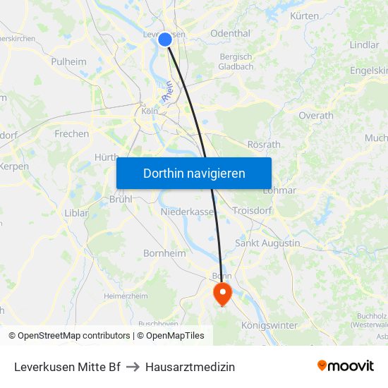 Leverkusen Mitte Bf to Hausarztmedizin map