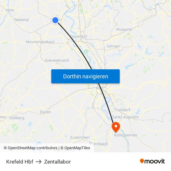Krefeld Hbf to Zentallabor map
