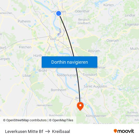 Leverkusen Mitte Bf to Kreißsaal map