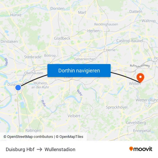 Duisburg Hbf to Wullenstadion map