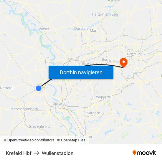 Krefeld Hbf to Wullenstadion map