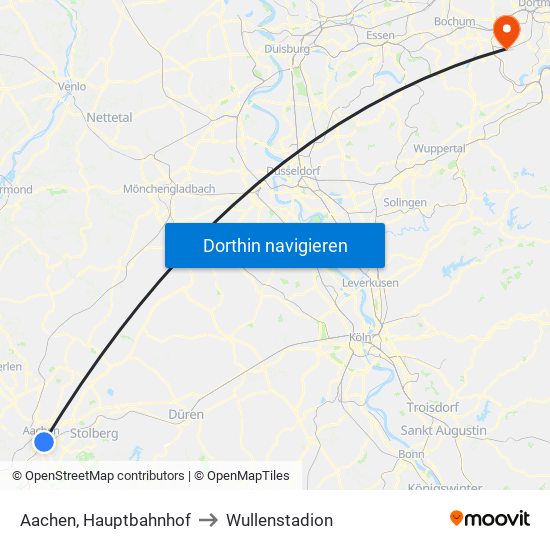 Aachen, Hauptbahnhof to Wullenstadion map