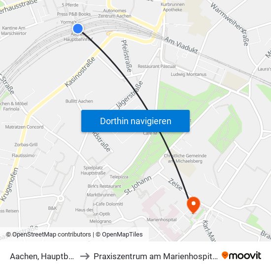 Aachen, Hauptbahnhof to Praxiszentrum am Marienhospital - Haus 1 map