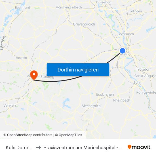 Köln Dom/Hbf to Praxiszentrum am Marienhospital - Haus 1 map