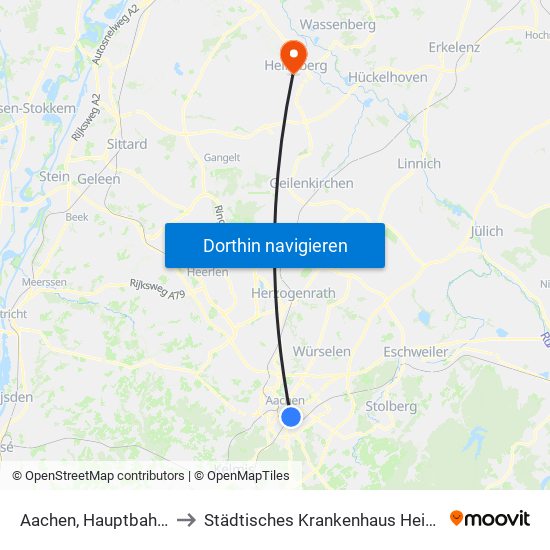 Aachen, Hauptbahnhof to Städtisches Krankenhaus Heinsberg map