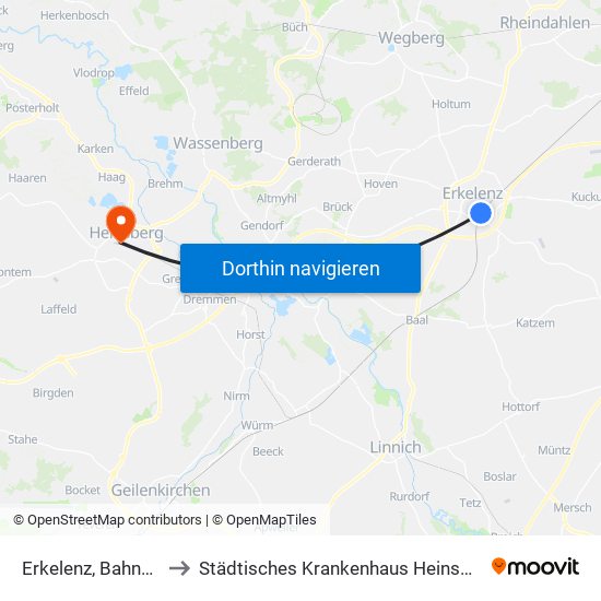 Erkelenz, Bahnhof to Städtisches Krankenhaus Heinsberg map