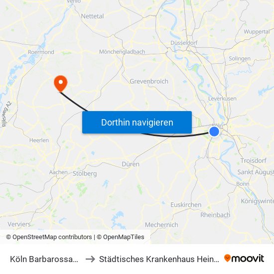 Köln Barbarossaplatz to Städtisches Krankenhaus Heinsberg map