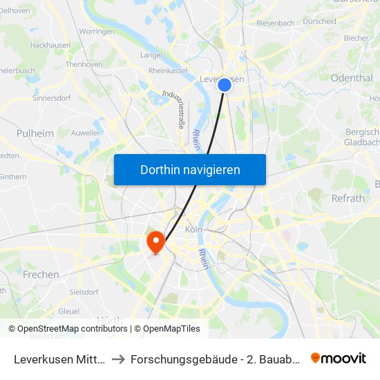 Leverkusen Mitte Bf to Forschungsgebäude - 2. Bauabschnitt map