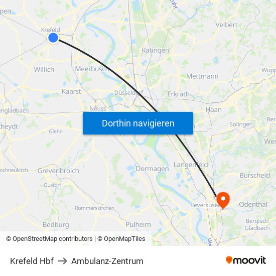 Krefeld Hbf to Ambulanz-Zentrum map