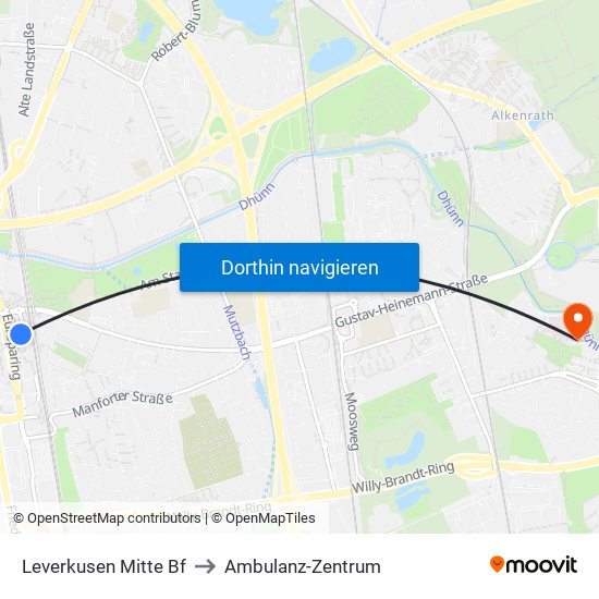 Leverkusen Mitte Bf to Ambulanz-Zentrum map