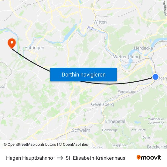 Hagen Hauptbahnhof to St. Elisabeth-Krankenhaus map