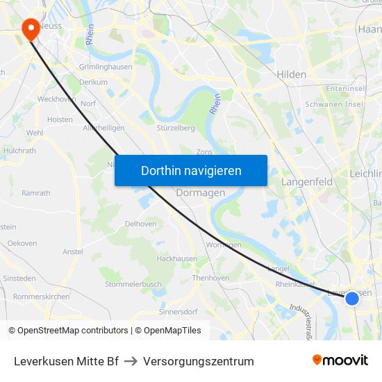 Leverkusen Mitte Bf to Versorgungszentrum map