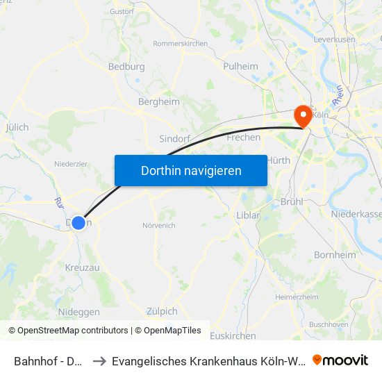 Bahnhof - Düren to Evangelisches Krankenhaus Köln-Weyertal map